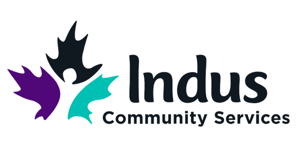 A logo for indus community services with a maple leaf