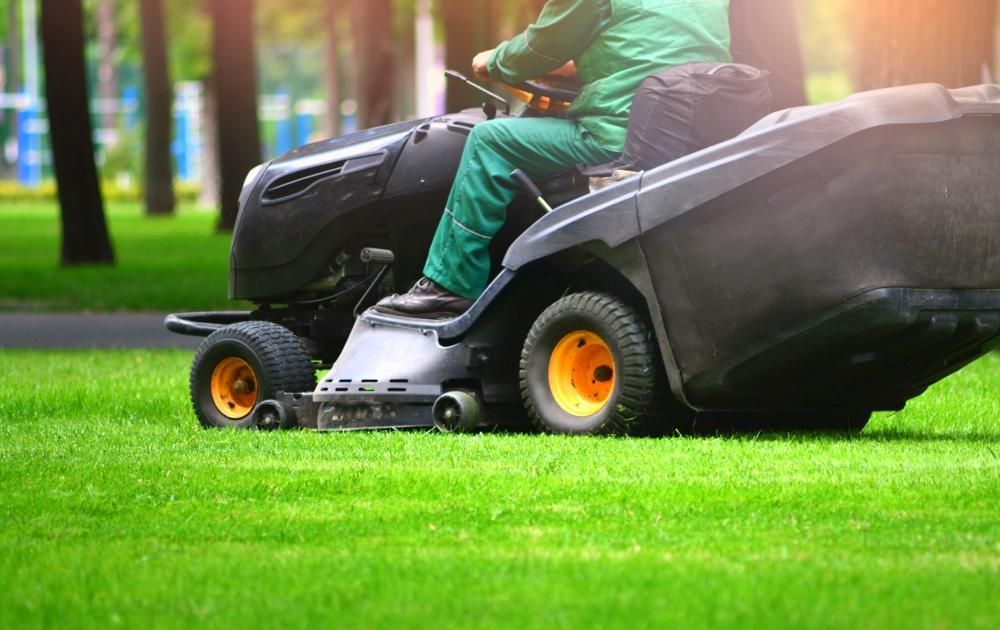 A Man Is Riding A Lawn Mower On A Lush Green Lawn — JBS Mobile In Richmond Hill, NSW
