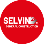 Red circle logo for Selvin General Construction; white text and a silver house silhouette.