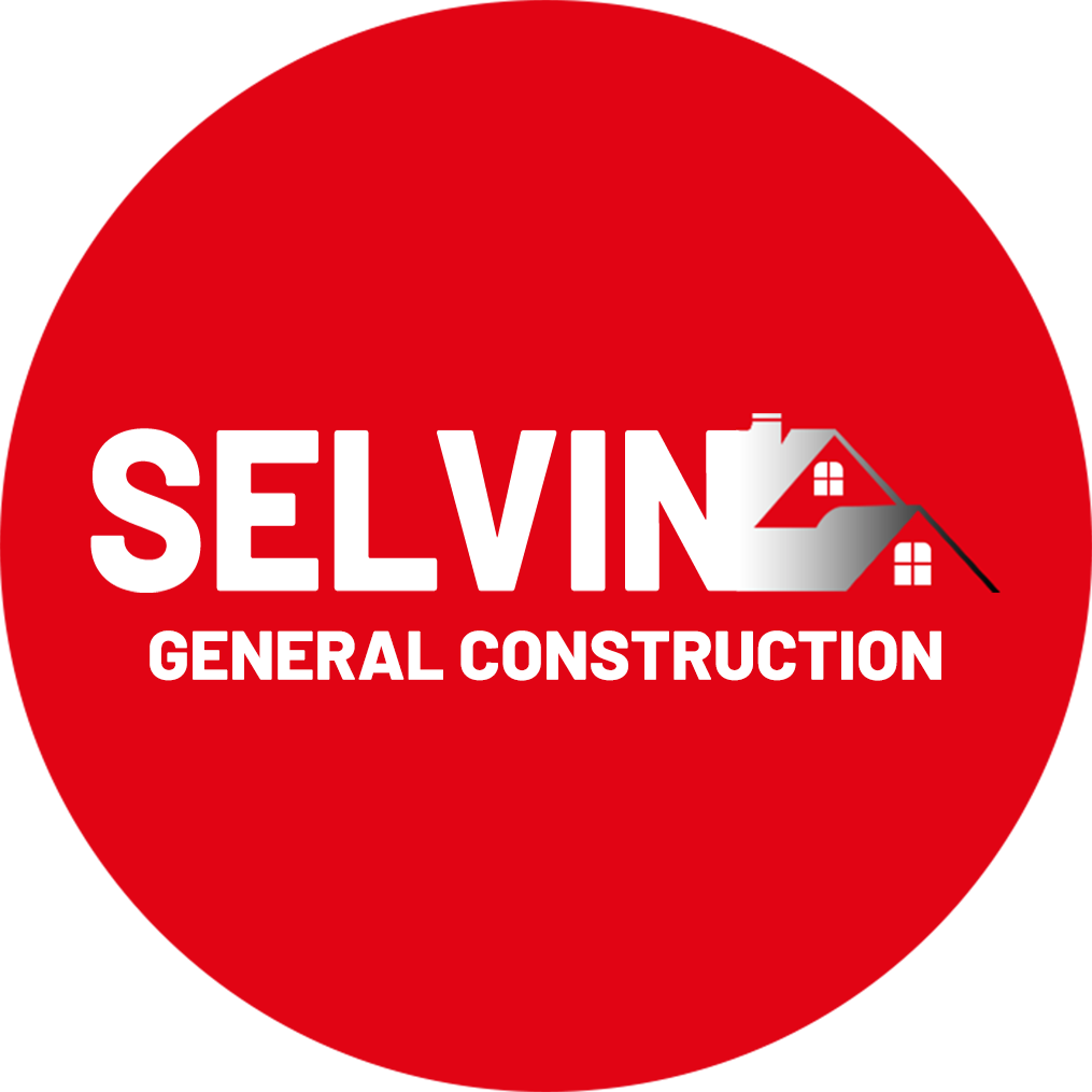 Red circle logo for Selvin General Construction; white text and a silver house silhouette.