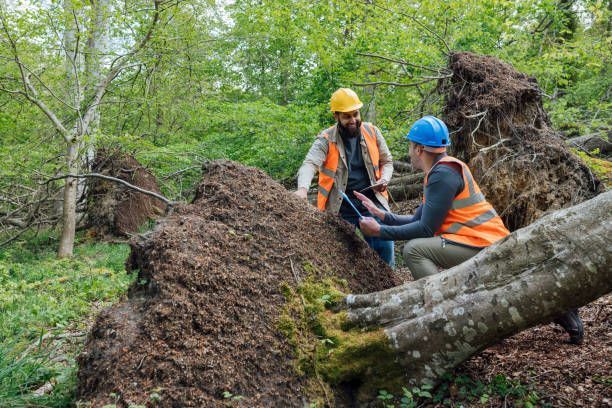 Two workers in safety vests examine a fallen tree in a forest.