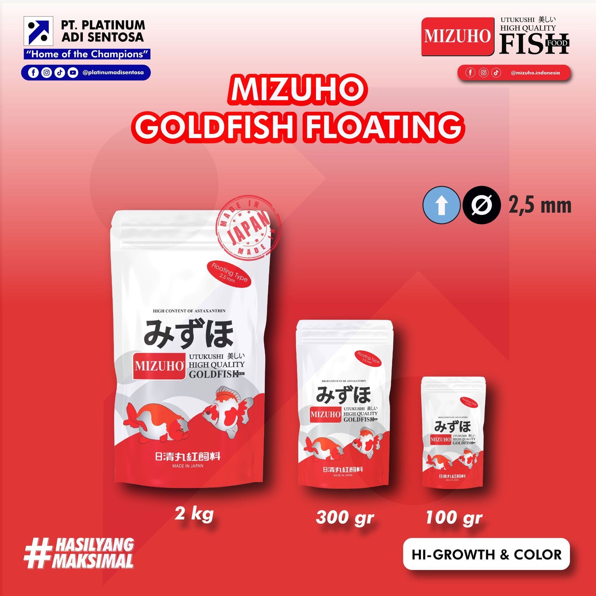 Zak Mizuho hoogwaardig goudvisvoer. Witte en rode verpakking met Japanse tekst en een afbeelding van een goudvis.