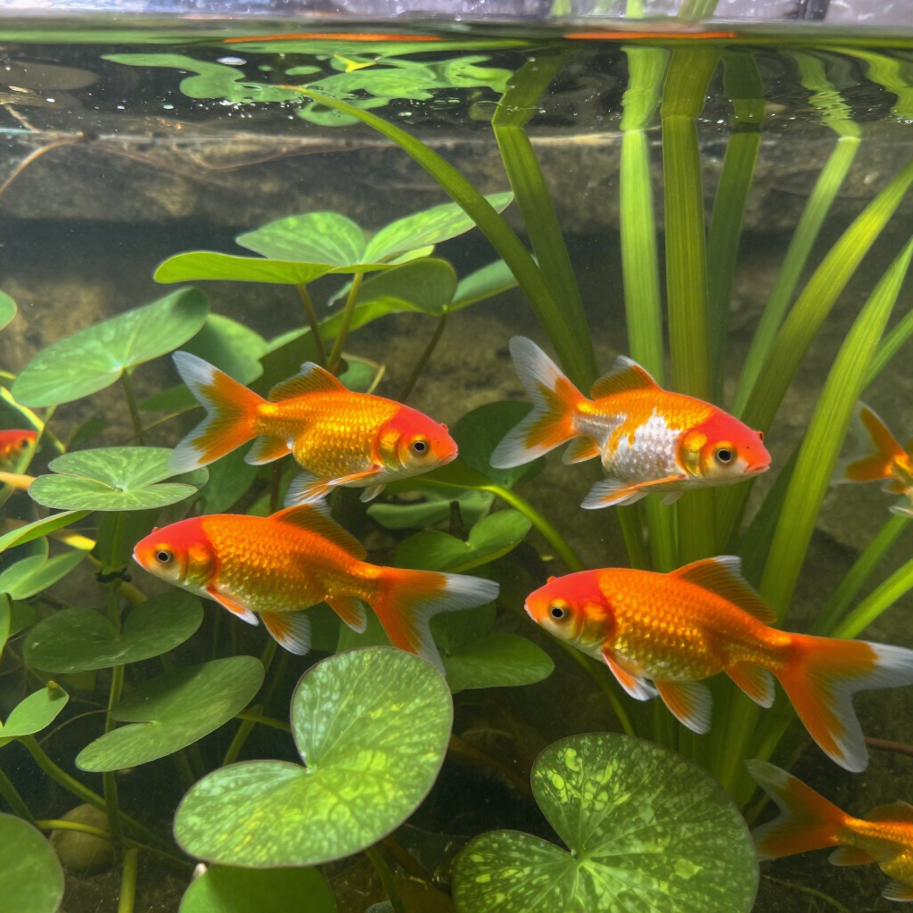 Vier oranje goudvissen zwemmen tussen groene waterplanten in een aquarium.