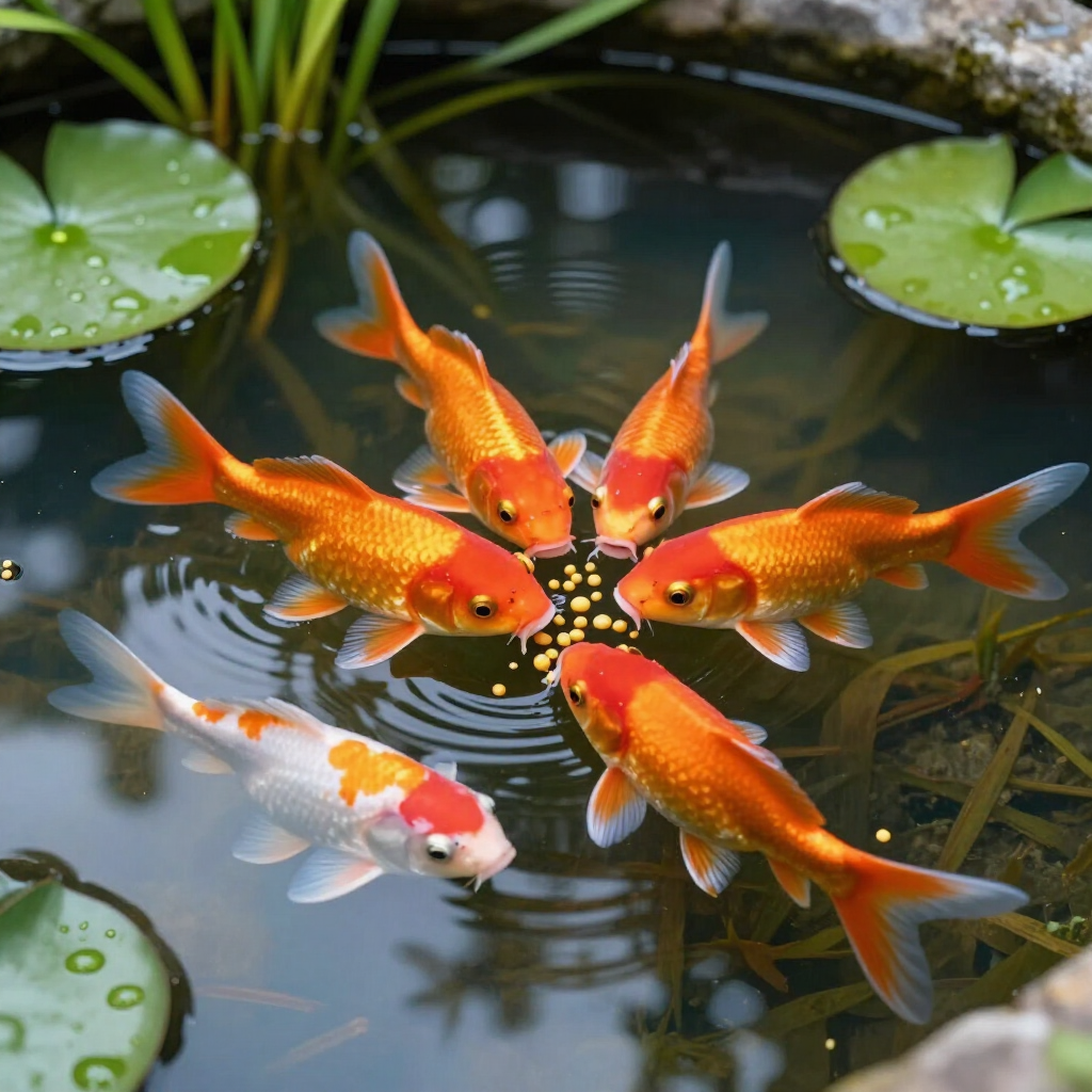Oranje en witte koivissen zwemmen rond in een vijver met groene waterlelies.