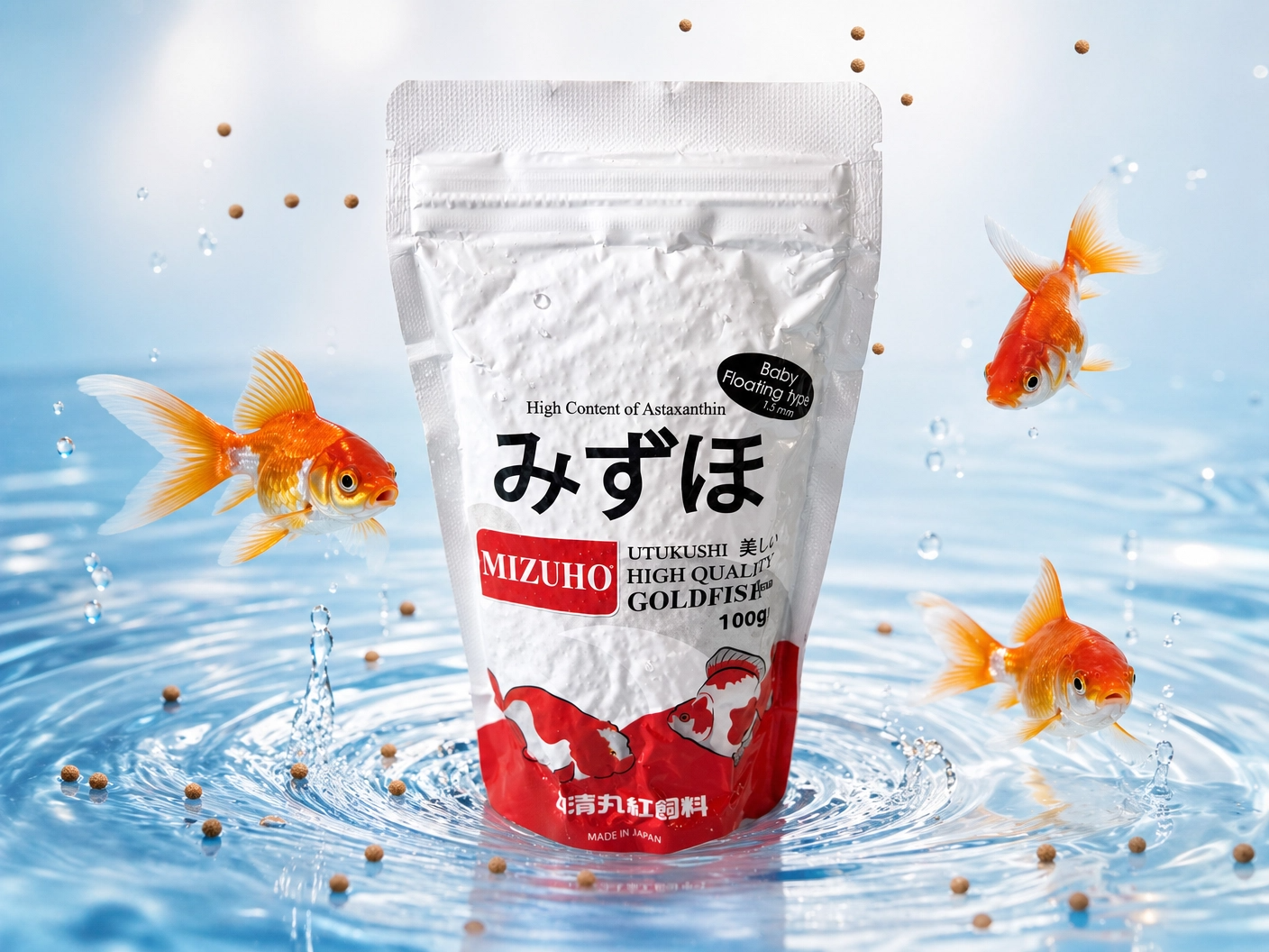 Witte en rode Mizuho snackverpakking met Japanse tekst op een roze verloopachtergrond.