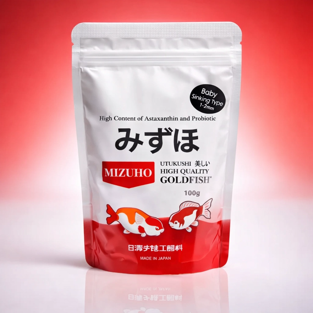 Witte en rode zak Mizuho visvoer met afbeeldingen van goudvissen op de voorkant.