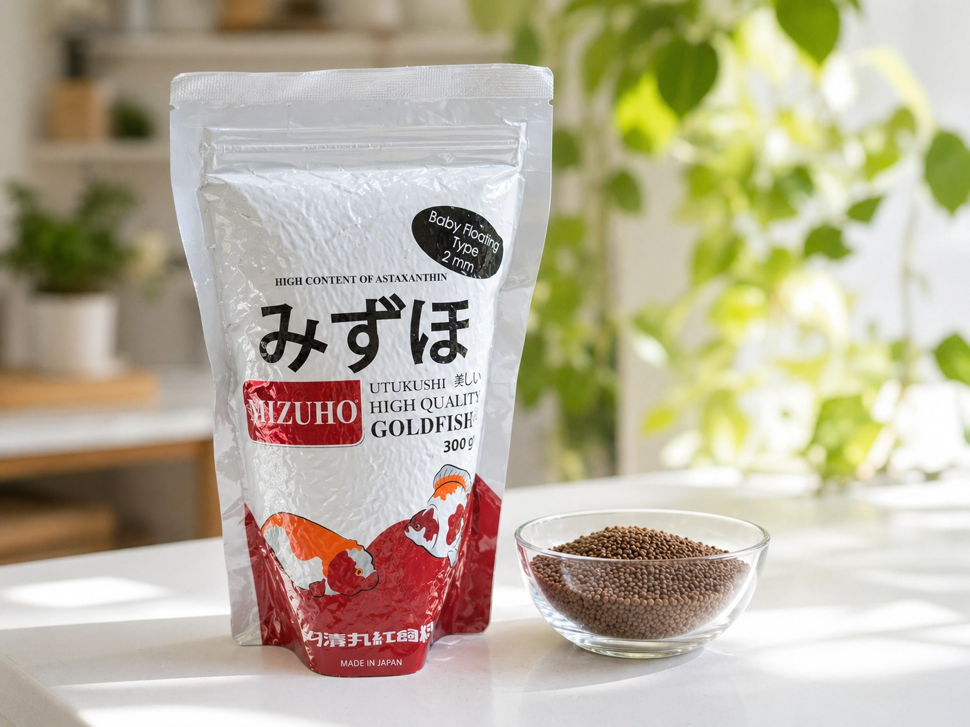 Wit-rode Mizuno Goldfish snackzak op een rode abstracte achtergrond.