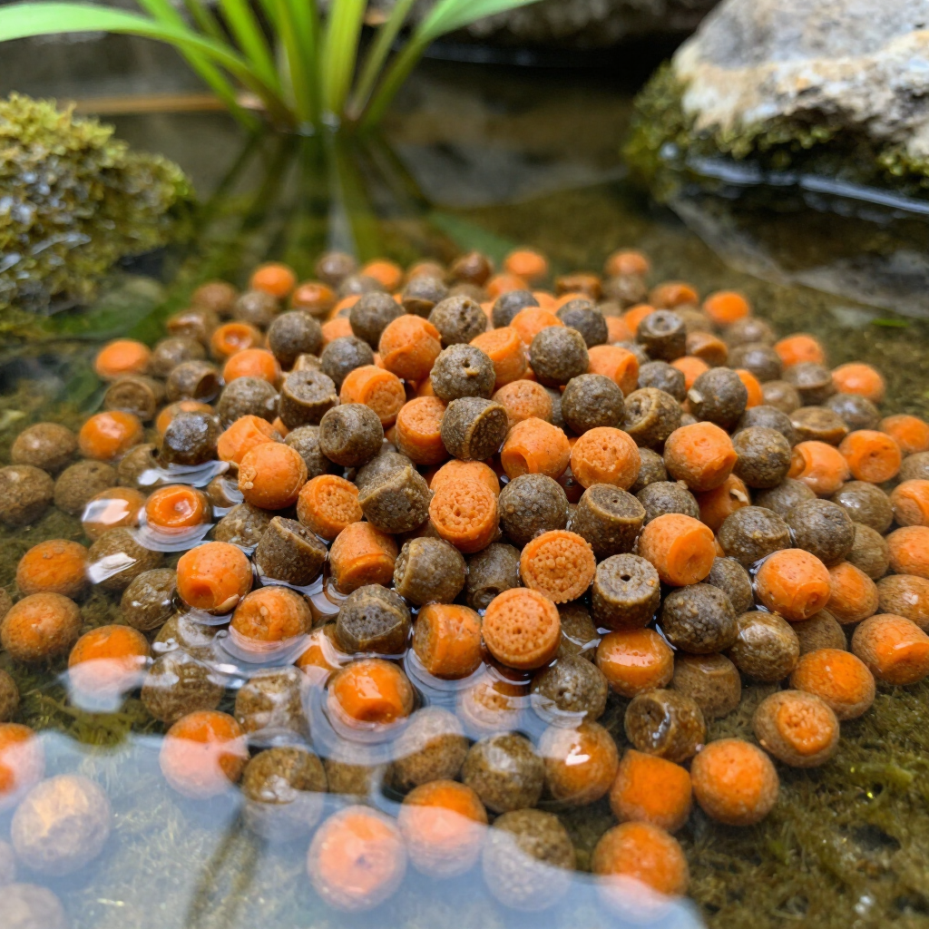 Oranje en bruine visvoerpellets drijven in het water naast met mos begroeide rotsen en planten.