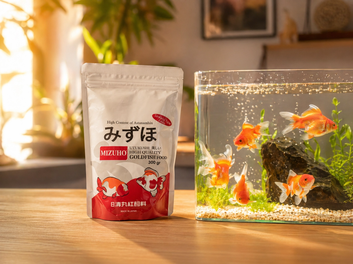 Zak Mizuho hoogwaardig goudvisvoer. Zilverkleurige verpakking met een afbeelding van een rood-witte goudvis en Japanse tekst.