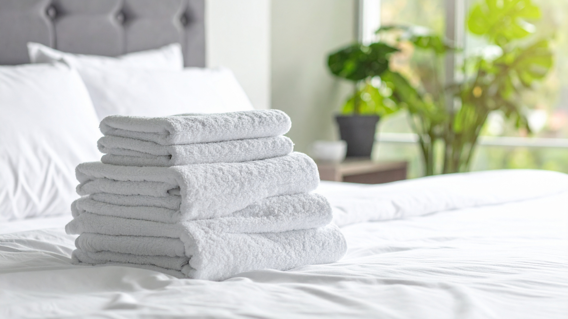 A stack of neatly folded white towels sits on a made bed with white linens and a blurred plant in the background.
