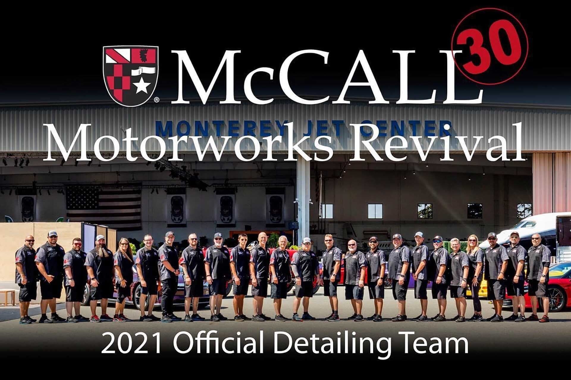 2021 McCall Motorworks Revival official detailing team poses in front of Monterey Jet Center.