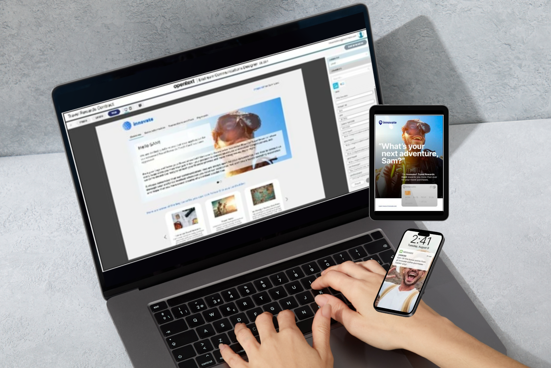 Una persona está escribiendo en una computadora portátil junto a una tableta.