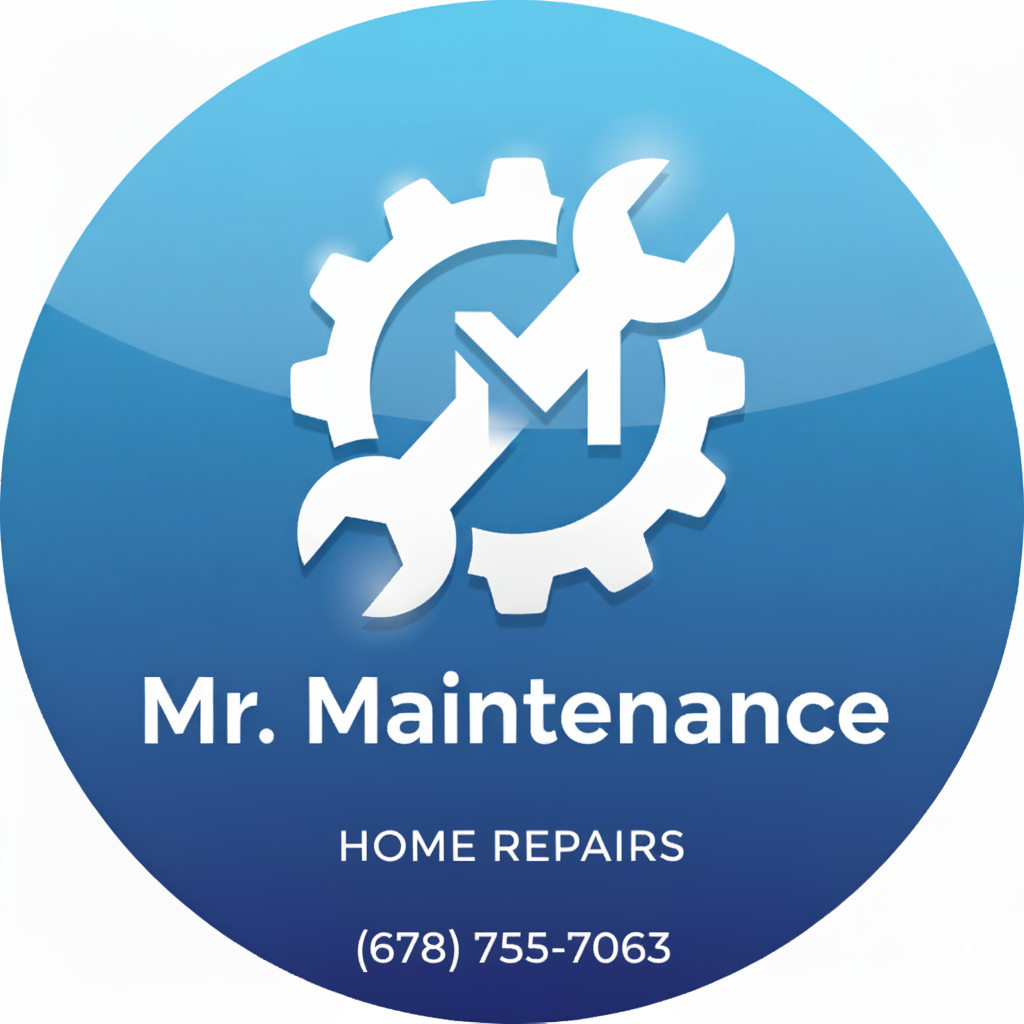 Blue logo: white tools and gear, "Mr. Maintenance," "Home Repairs," and a phone number.