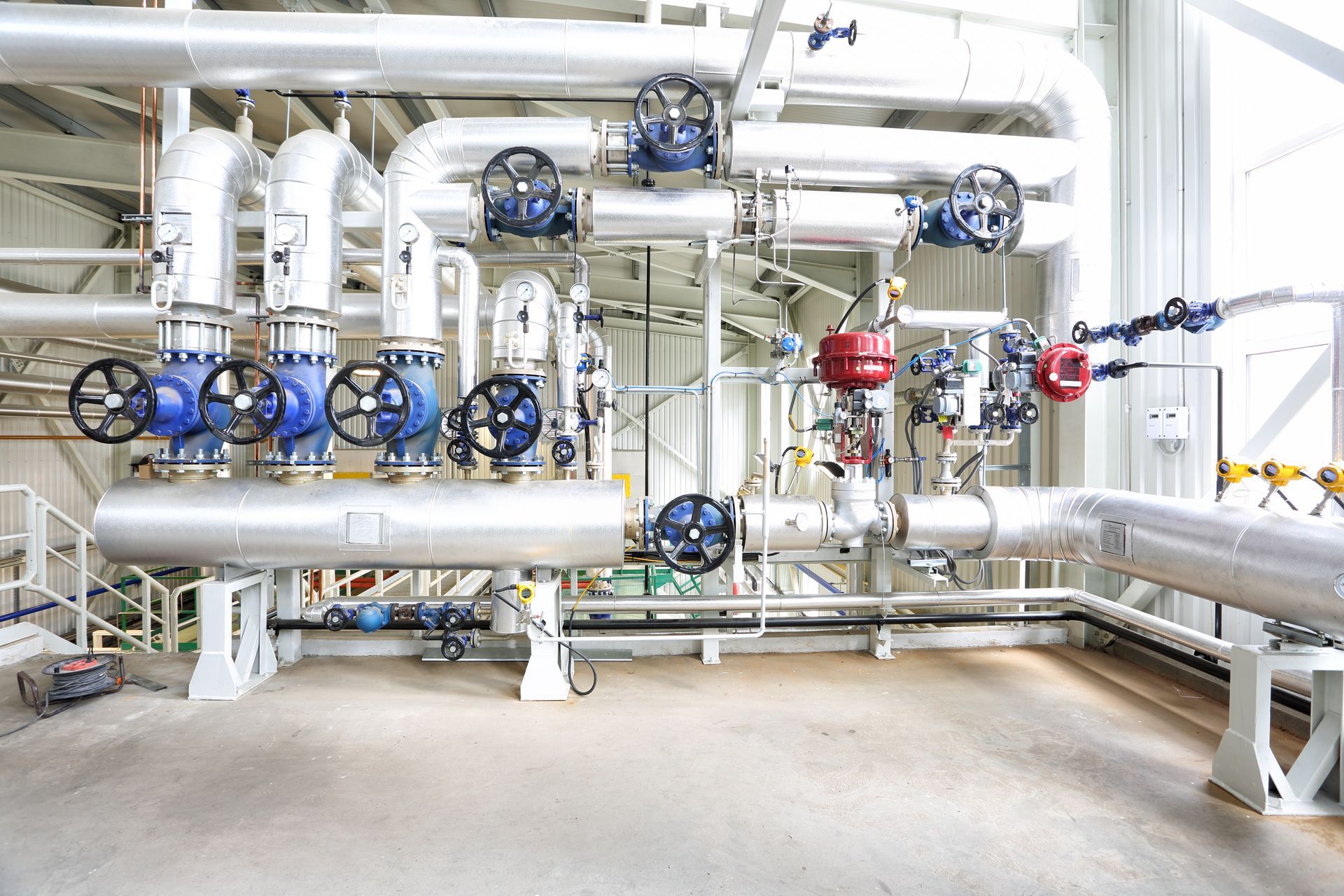 A room filled with pipes and valves in a factory.