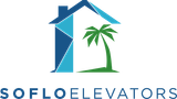 Logo: Geometric house and palm tree in blue and green, 