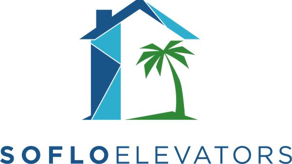 Logo: Geometric house and palm tree in blue and green,