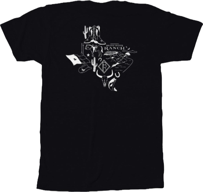 Black t-shirt with a white Texas-shaped graphic with a cowboy boot, cactus, and "Lazy R Ranch" text.