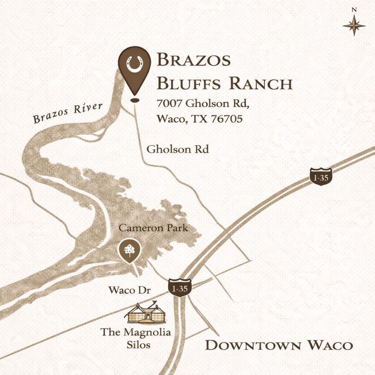 Map of Brazos Bluffs Ranch in Waco, TX, showing location relative to the Brazos River, I-35, and downtown Waco.