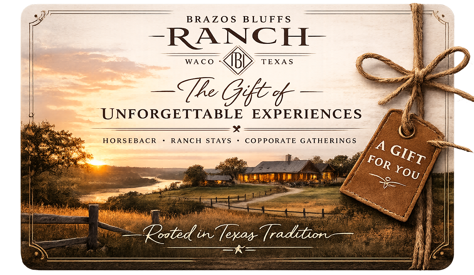 Gift card for Brazos Bluffs Ranch, featuring a ranch landscape at sunset, with a gift tag attached by twine.