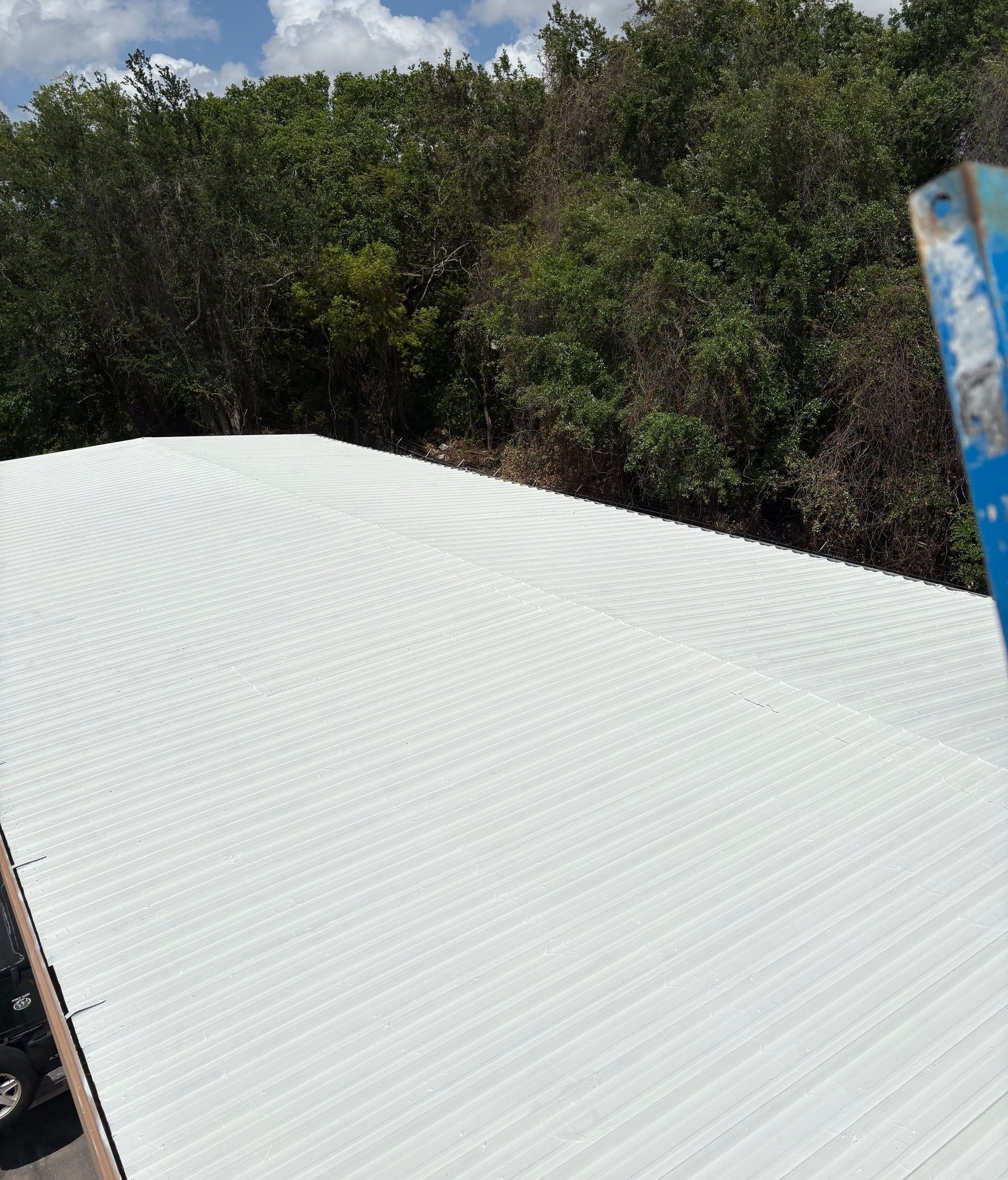 A white roof with trees in the background and a blue sign in the foreground.