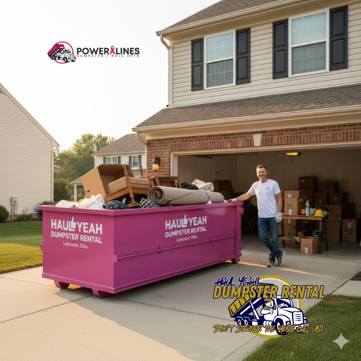 A Haul Yeah dumpster positioned at a Lancaster home cleanout site (residential driveway, garage visible) with a satisfied homeowner or crew member—establishes local credibility and humanizes the service.