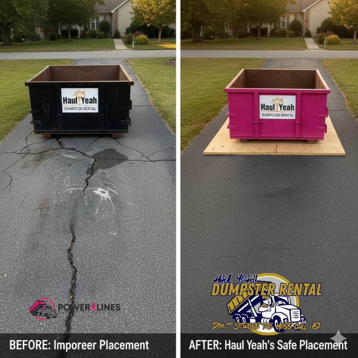 Before/after split image or side-by-side: one side showing cracked driveway from improper placement, the other showing a pristine driveway post-project with Haul Yeah.