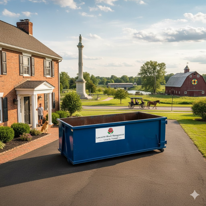 Dumpster in a Lancaster driveway with local landmarks, signaling trust.