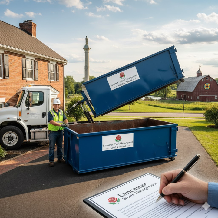 Local driver placing a dumpster or a signed contract, emphasizing reliability.