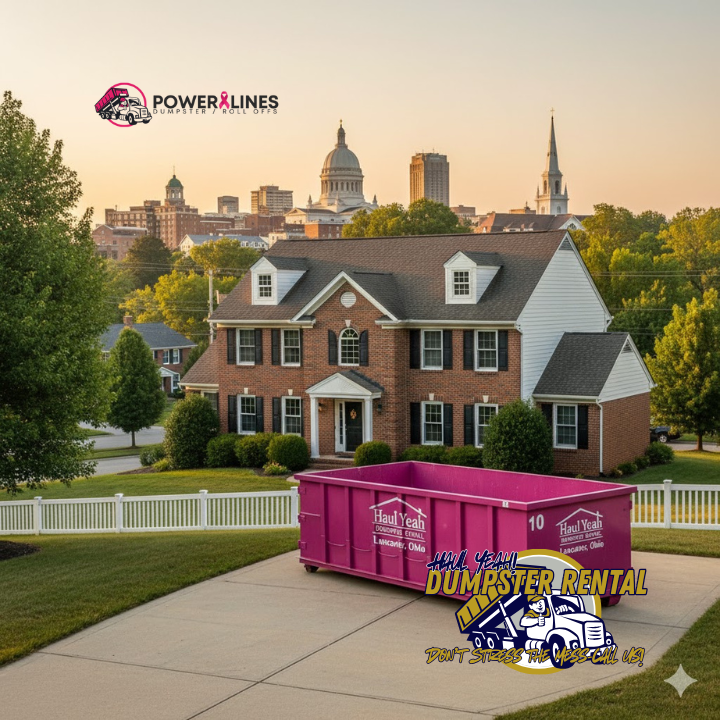 A Haul Yeah dumpster positioned on a Lancaster residential driveway with historic downtown buildings or recognizable local landmarks visible in the background—establishes local credibility and relatability.