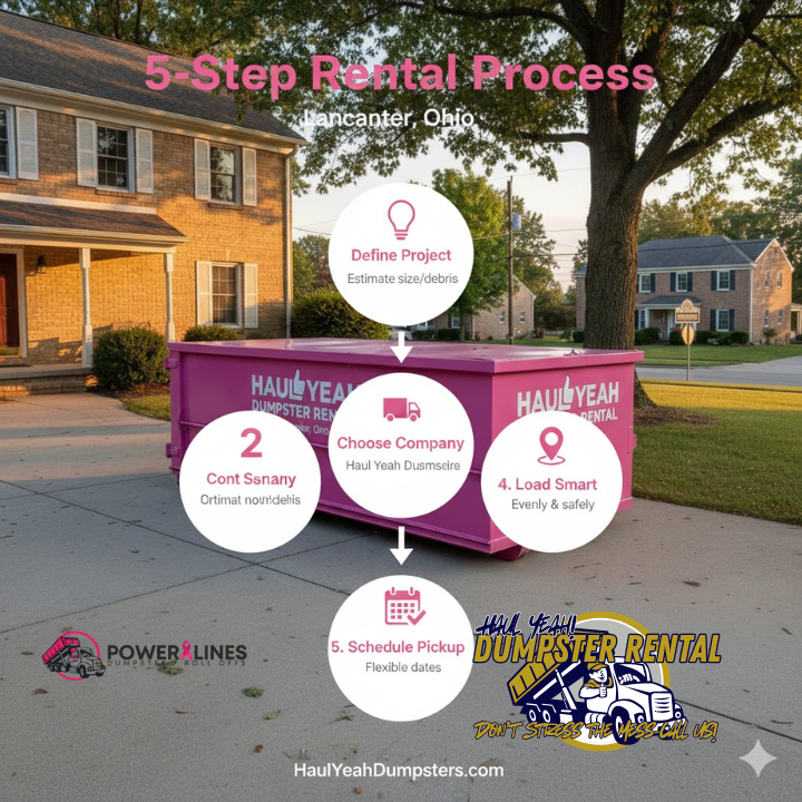 A clean, numbered visual showing the 5-step process to rent a dumpster in Lancaster (Define Project