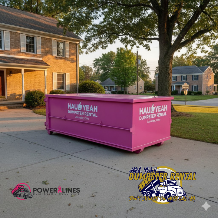 A clean 10-yard dumpster on a residential Lancaster, Ohio driveway 