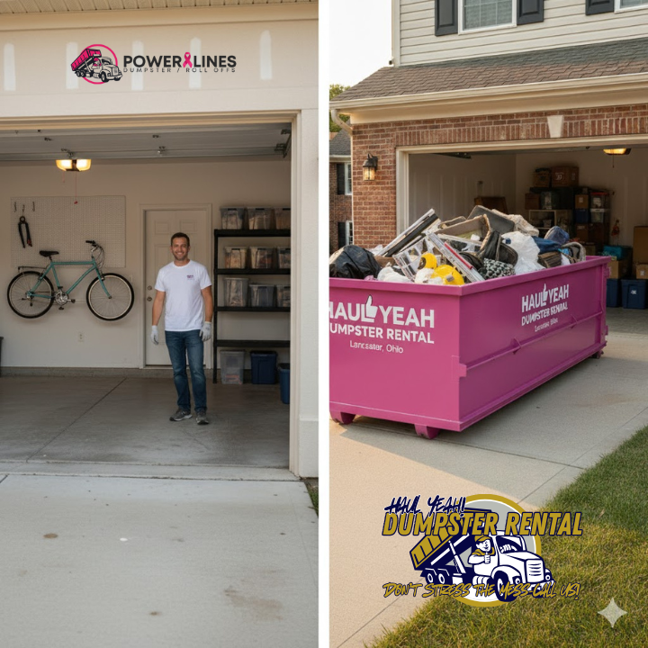 Residential cleanout before-and-after: A cluttered garage transformed with a roll-off dumpster