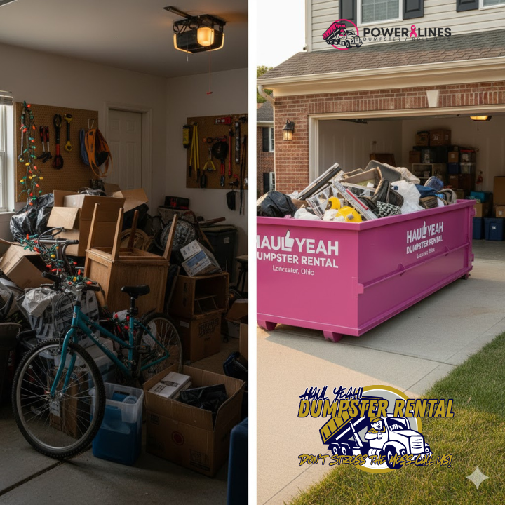 Show a cluttered basement or garage versus a cleared space with a roll off dumpster outside.