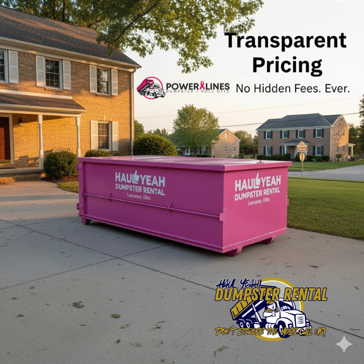 Friendly Haul Yeah team member or representative reviewing a clear quote with a Lancaster homeowner, or a clean dumpster on a residential property with