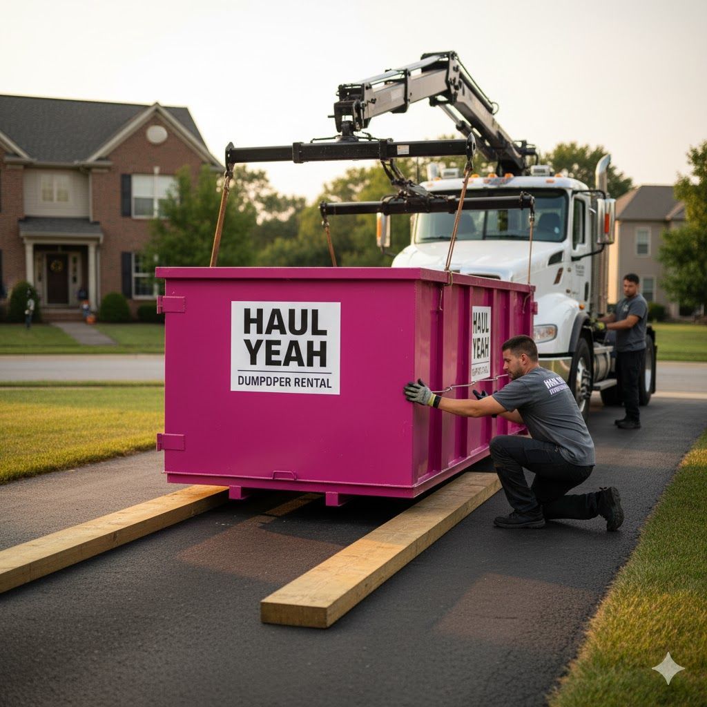 Photo of a dumpster being gently placed on protective boards on a residential driveway in Lancaster
