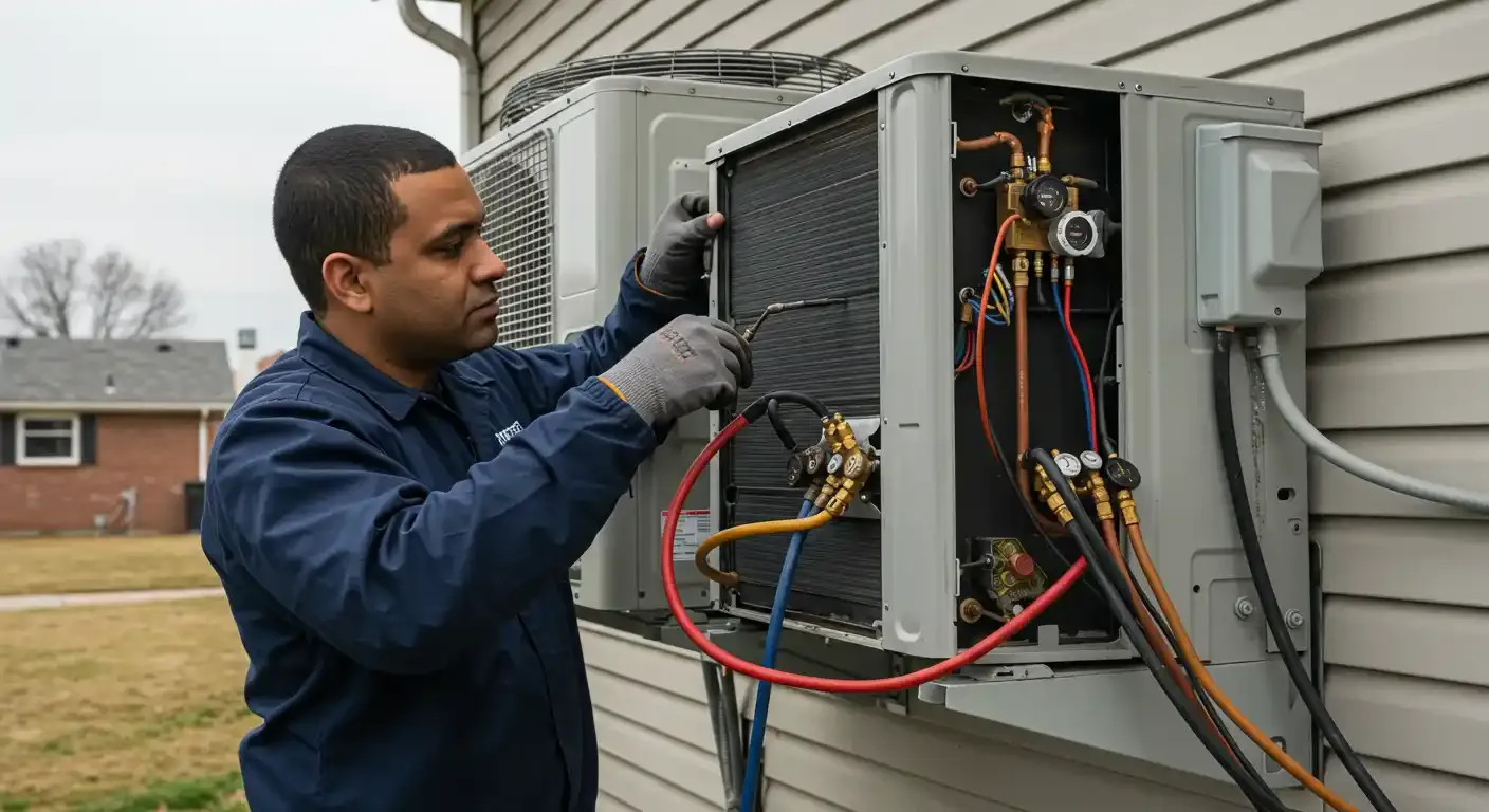 HVAC technician inspecting an outdoor air conditioning unit, repearing an HVAC system.