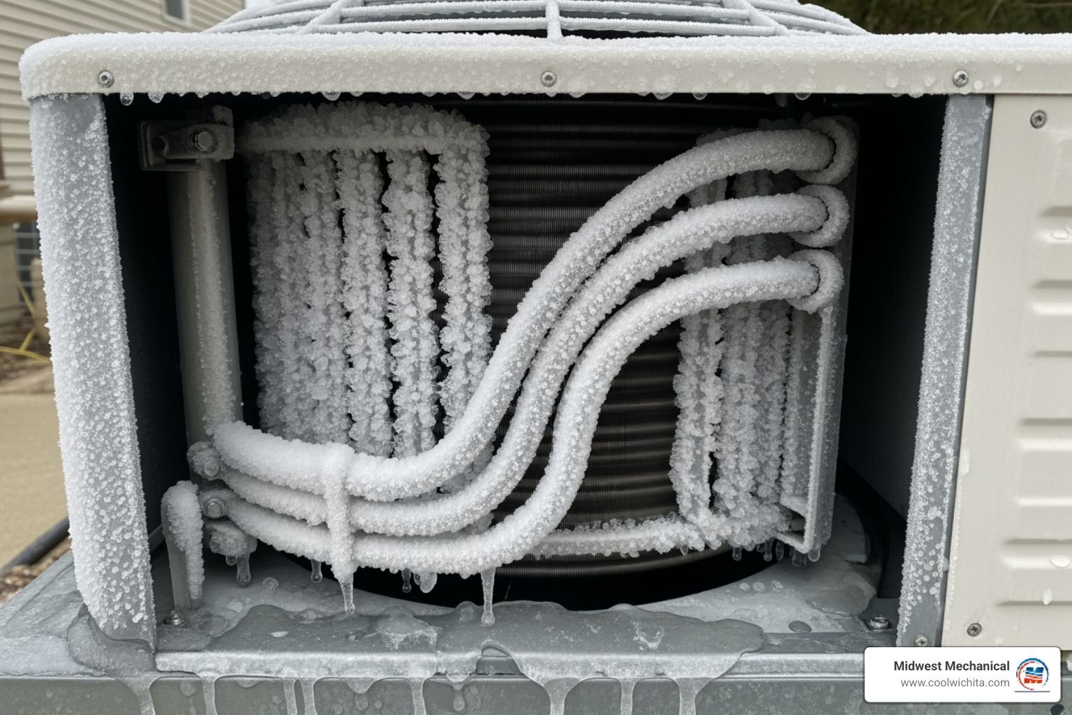 Frozen outdoor AC unit with ice covering coils and tubing.