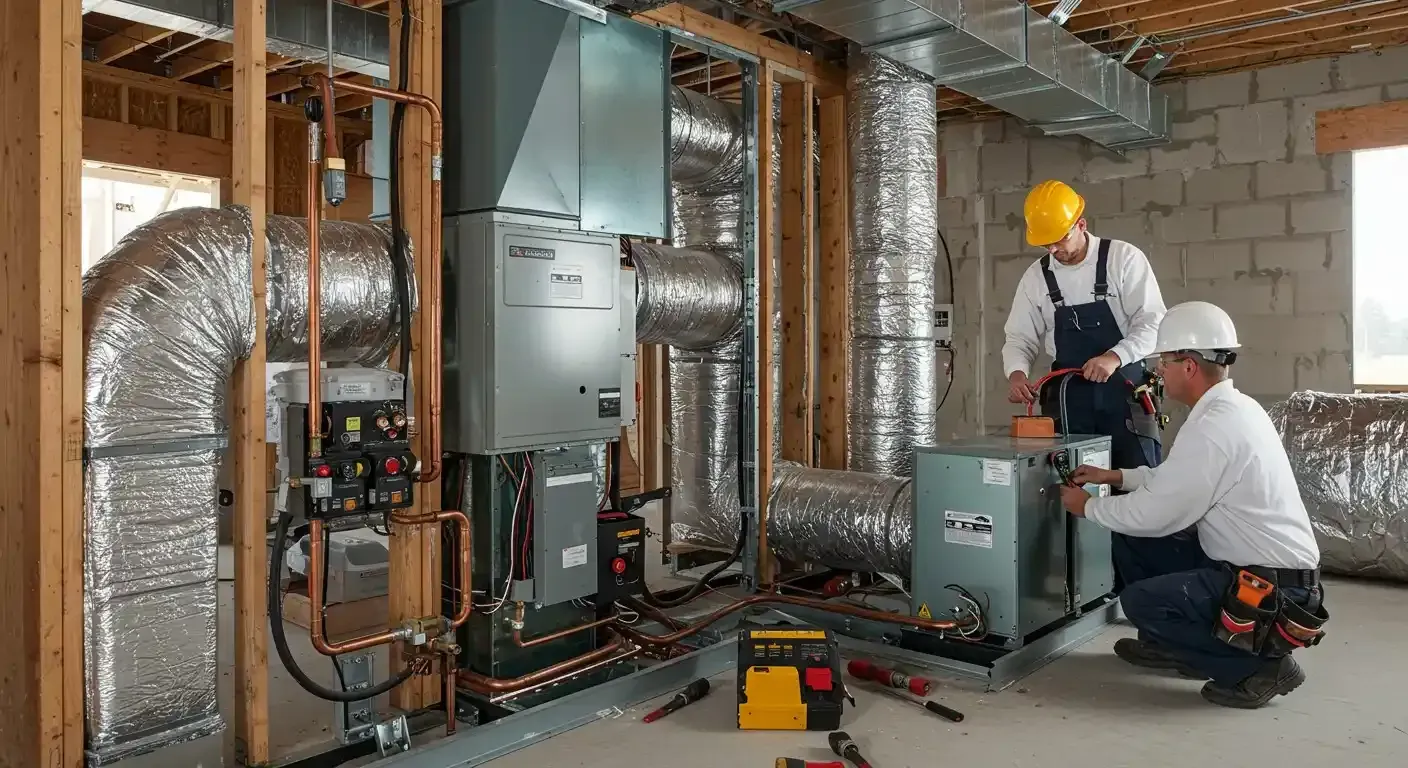 Two technicians in hard hats installing HVAC equipment in a building under construction.