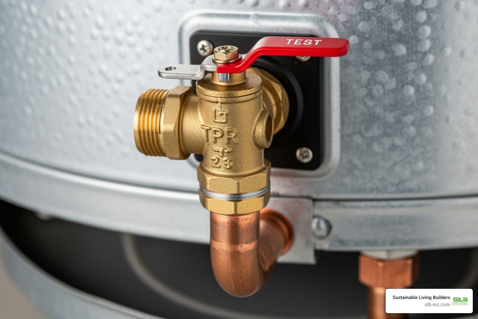 Brass valve with red handle and copper outlet on a gray hot water tank in Toledo, Ohio