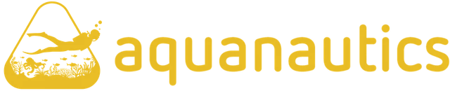 The "aquanautics" logo, featuring a minimalist outline of a diver swimming inside a triangular shape.