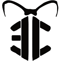 A black and white silhouette of a bug with a bow tie.