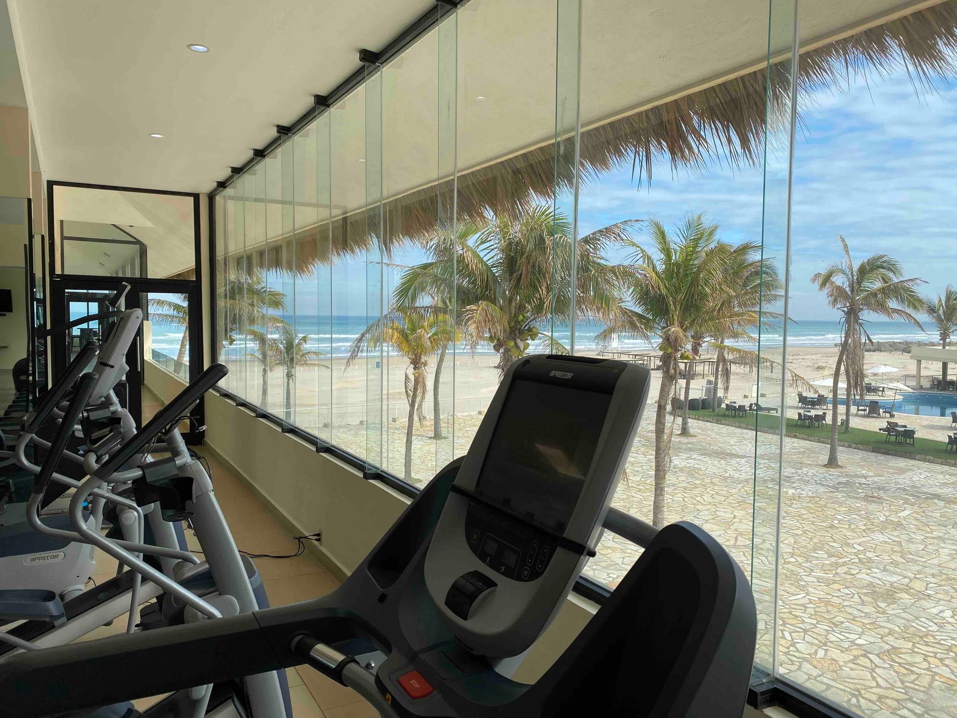 A treadmill in a gym with a view of the beach.