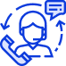 Customer service representative with headset, phone, and speech bubble with arrows.