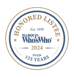 Honored Listee badge from Marquis Who's Who.  Blue and gold, reads "2024" and "Over 125 Years".