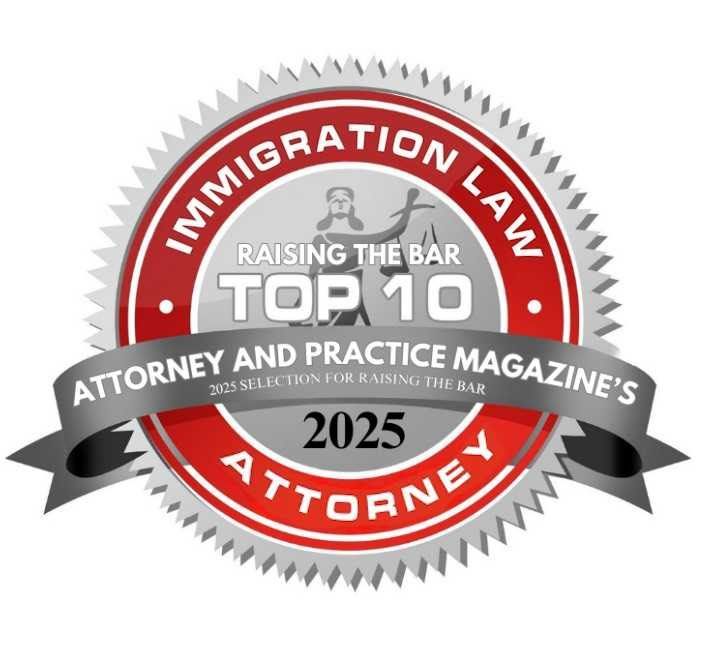 Seal for "Top 10 Immigration Law Attorney" from Attorney and Practice Magazine, 2025 selection, red and silver.