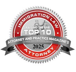 Seal for "Top 10 Immigration Law Attorney" from Attorney and Practice Magazine, 2025 selection, red and silver.