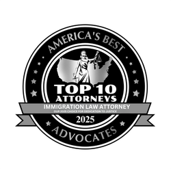 Award badge: "America's Best Top 10 Attorneys, Immigration Law Attorney 2025 Advocates." Features a statue of justice.