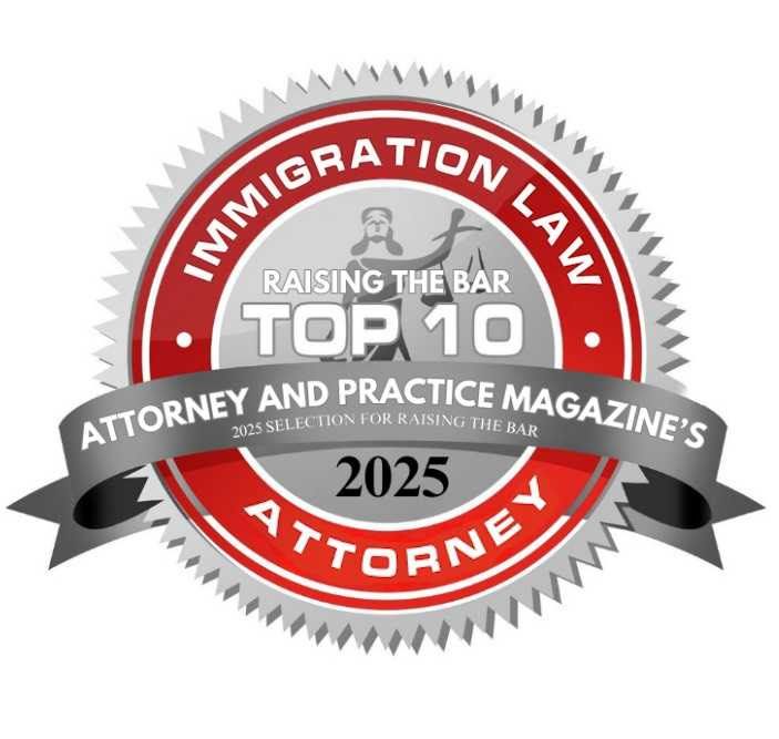Seal for "Top 10 Immigration Law Attorney" from Attorney and Practice Magazine, 2025 selection, red and silver.
