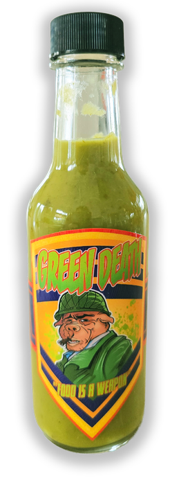 Green hot sauce bottle with a label featuring a cartoon soldier.