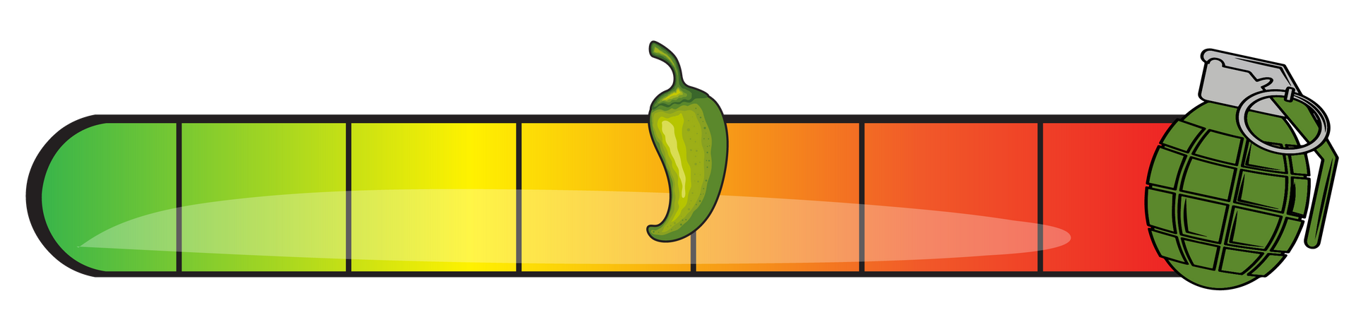 Spicy heat level meter with a chili pepper icon and a grenade at the high end.